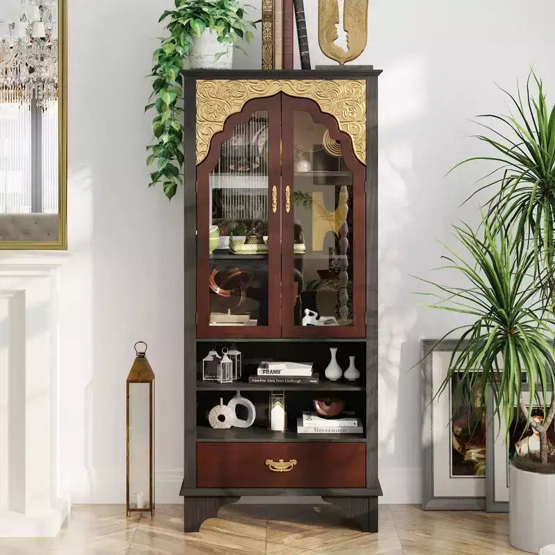 Famapy Vintage Luxury Storage Cabinet Bookcase Pantry: Intricate Carvings,Gold Accents,Glass Doors  Elevate Your Space