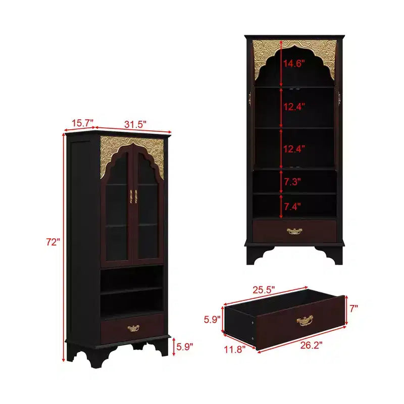 Meuble de rangement de luxe vintage, bibliothèque, garde-manger : sculptures complexes, accents dorés, portes vitrées, pour sublimer votre espace
