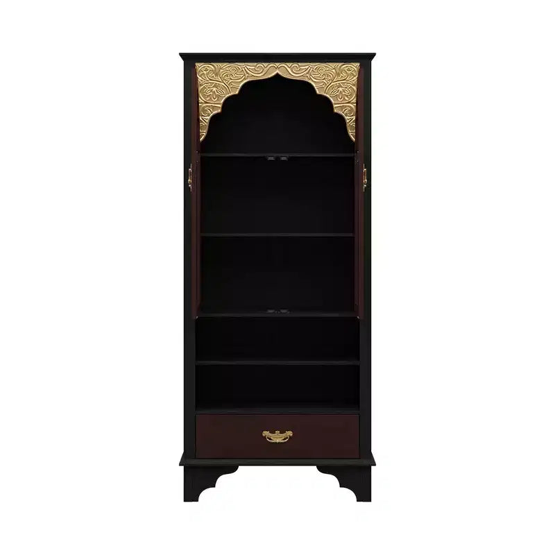 Meuble de rangement de luxe vintage, bibliothèque, garde-manger : sculptures complexes, accents dorés, portes vitrées, pour sublimer votre espace