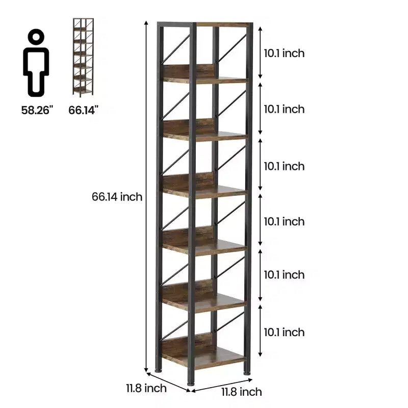 Bibliothèque Étroite Haute Étagère de Rangement Mince 6 Niveaux Étagères sur Pied Cadre Métallique Rustique Présentoirs Industriels pour Chambre