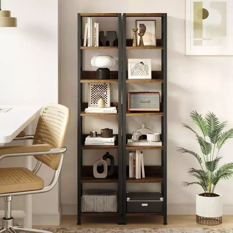 Bibliothèque Étroite Haute Étagère de Rangement Mince 6 Niveaux Étagères sur Pied Cadre Métallique Rustique Présentoirs Industriels pour Chambre