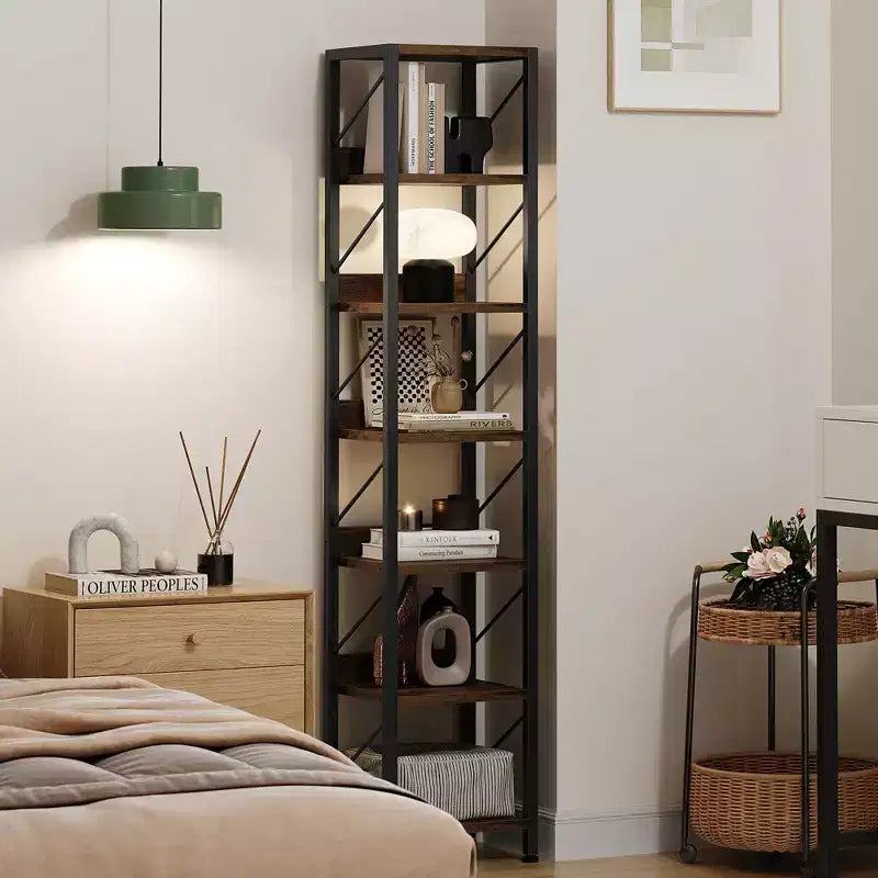 Bibliothèque Étroite Haute Étagère de Rangement Mince 6 Niveaux Étagères sur Pied Cadre Métallique Rustique Présentoirs Industriels pour Chambre