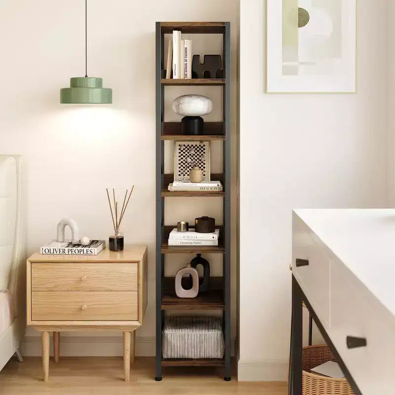 Bibliothèque Étroite Haute Étagère de Rangement Mince 6 Niveaux Étagères sur Pied Cadre Métallique Rustique Présentoirs Industriels pour Chambre
