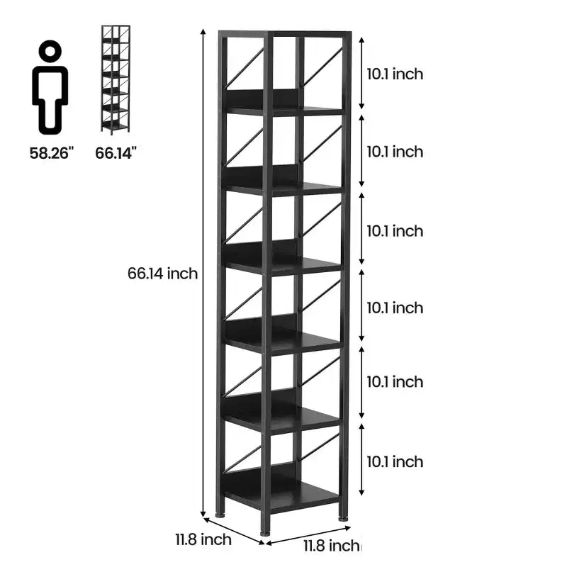 Bibliothèque Étroite Haute Étagère de Rangement Mince 6 Niveaux Étagères sur Pied Cadre Métallique Rustique Présentoirs Industriels pour Chambre