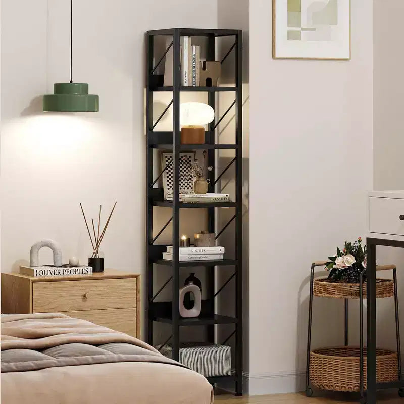 Bibliothèque Étroite Haute Étagère de Rangement Mince 6 Niveaux Étagères sur Pied Cadre Métallique Rustique Présentoirs Industriels pour Chambre