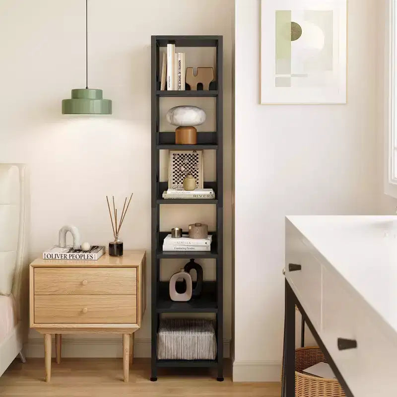 Bibliothèque Étroite Haute Étagère de Rangement Mince 6 Niveaux Étagères sur Pied Cadre Métallique Rustique Présentoirs Industriels pour Chambre