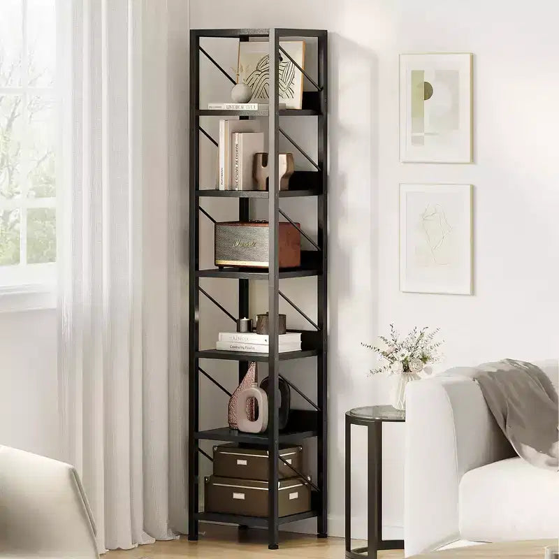 Bookshelf Narrow Bookcase Tall Skinny Storage Rack Shelf 6 Tier Standing Bookshelves Metal Frame Rustic Display Racks Industrial Book Shelf for Bedroo
