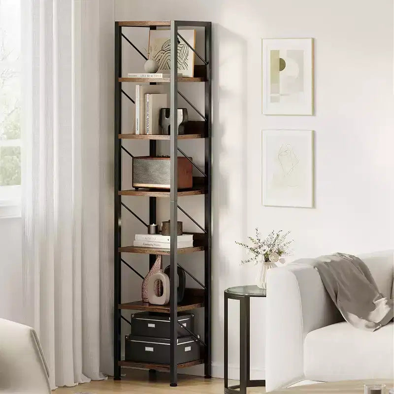 Bibliothèque Étroite Haute Étagère de Rangement Mince 6 Niveaux Étagères sur Pied Cadre Métallique Rustique Présentoirs Industriels pour Chambre