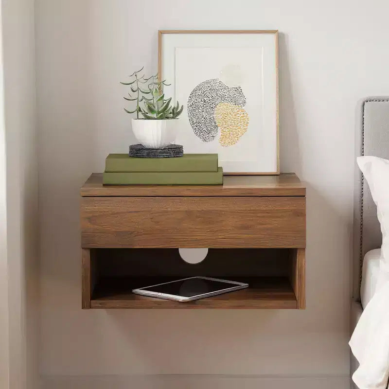 Table de chevet flottante en chêne avec tiroir, table de nuit murale, organiseur de chevet moderne de 40 cm de large