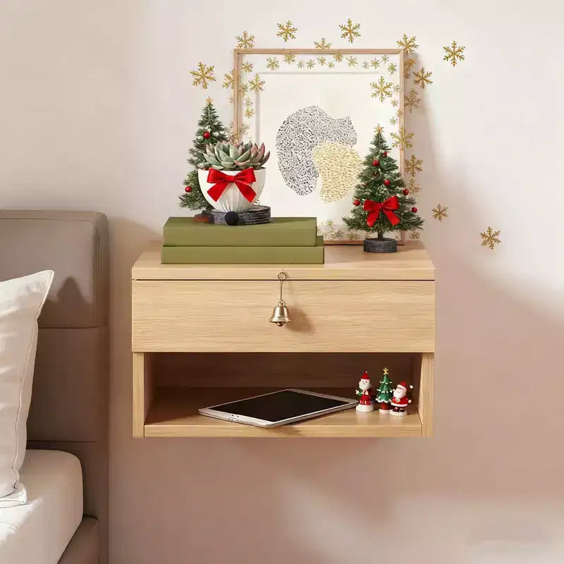 Oak Floating Bedside Table with Drawer, Wall Mount Nightstand, 15.7 Wide Modern Bedside Organizer