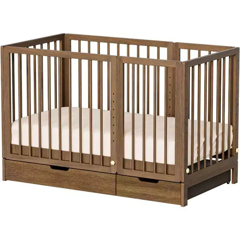 JOYMOR 8 in 1 Convertible Crib with Drawer, Include 2 Mattress, Converts to Bassinet, Mid Crib, Full Size Crib, Daybed,Toddler Bed and Playard
