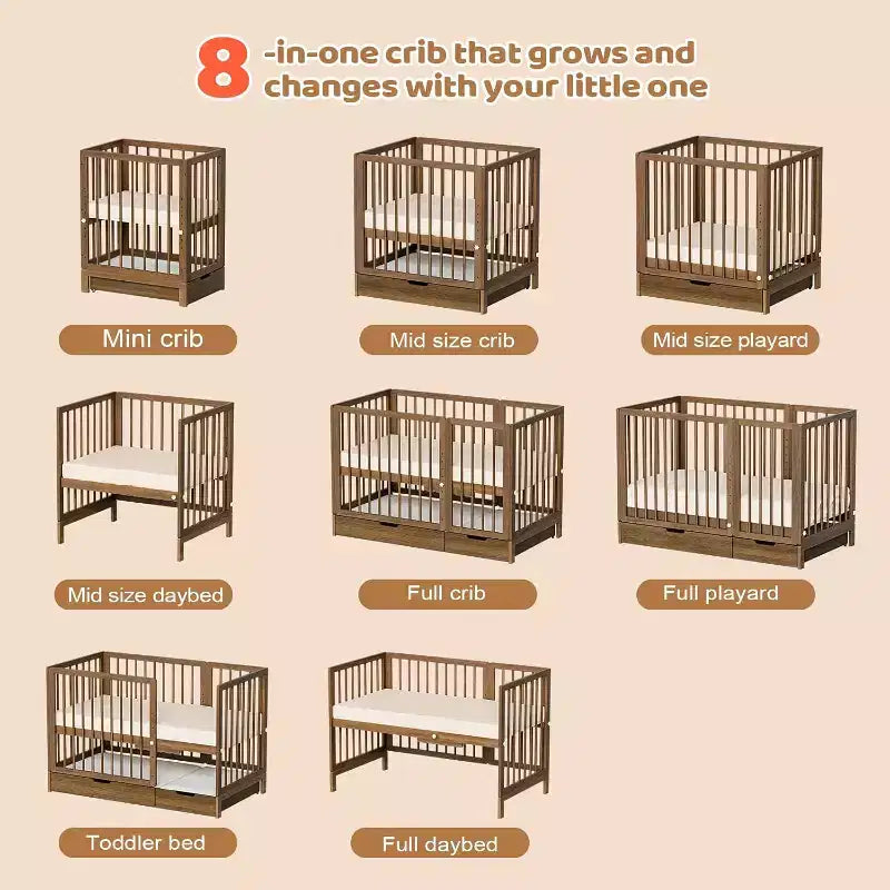 Lit de bébé convertible 8 en 1 avec tiroir, inclut 2 matelas, se convertit en berceau, lit de bébé mi-hauteur, lit de bébé pleine grandeur, lit de jour, lit d'enfant et parc pour bébé