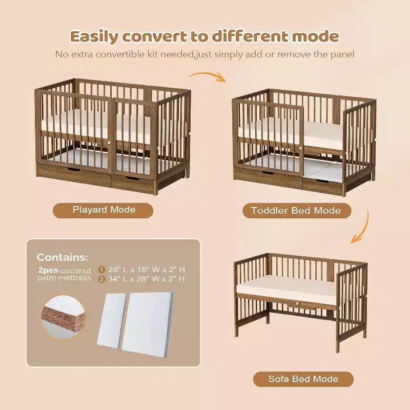 Lit de bébé convertible 8 en 1 avec tiroir, inclut 2 matelas, se convertit en berceau, lit de bébé mi-hauteur, lit de bébé pleine grandeur, lit de jour, lit d'enfant et parc pour bébé