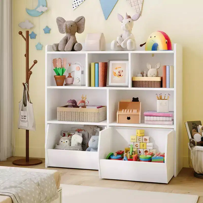 Organisateur de jouets avec 2 tiroirs mobiles, organisateur de jouets avec 5 casiers ouverts, coffre de rangement multifonctionnel pour salle de jeux