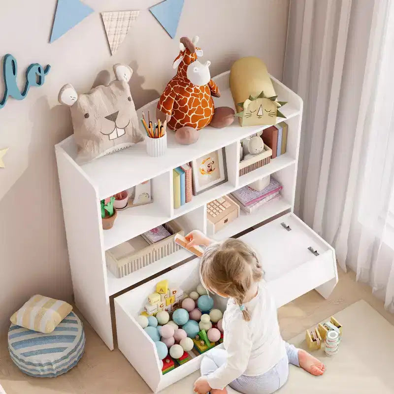 Organisateur de jouets avec 2 tiroirs mobiles, organisateur de jouets avec 5 casiers ouverts, coffre de rangement multifonctionnel pour salle de jeux