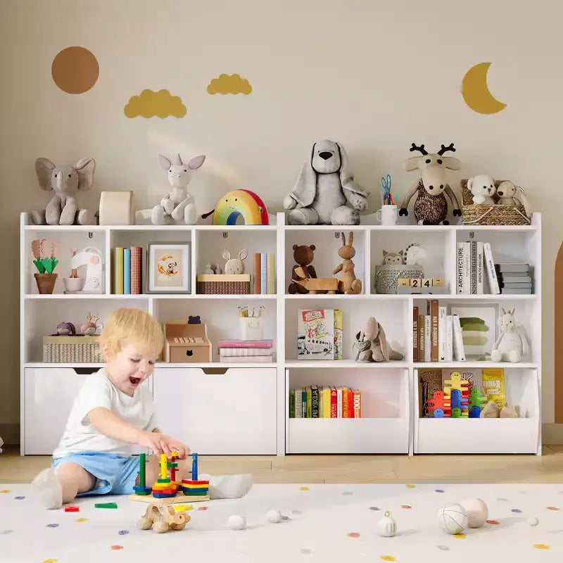 Organisateur de jouets avec 2 tiroirs mobiles, organisateur de jouets avec 5 casiers ouverts, coffre de rangement multifonctionnel pour salle de jeux