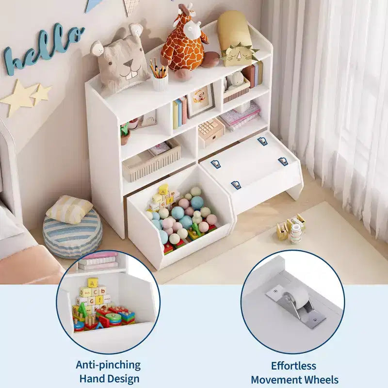 Organisateur de jouets avec 2 tiroirs mobiles, organisateur de jouets avec 5 casiers ouverts, coffre de rangement multifonctionnel pour salle de jeux