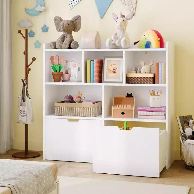 Organisateur de jouets avec 2 tiroirs mobiles, organisateur de jouets avec 5 casiers ouverts, coffre de rangement multifonctionnel pour salle de jeux