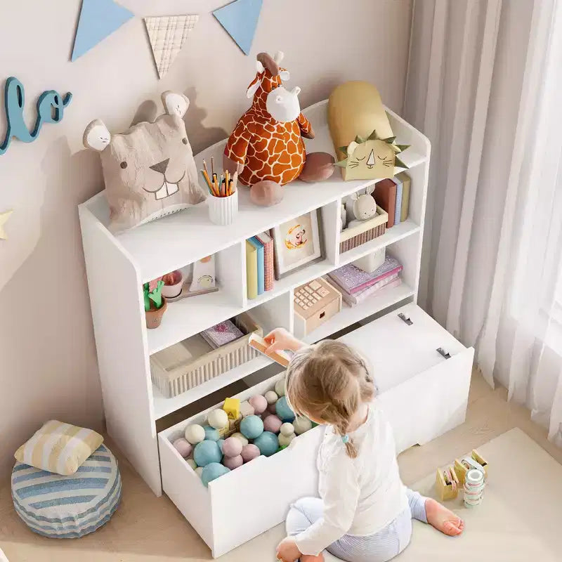 Organisateur de jouets avec 2 tiroirs mobiles, organisateur de jouets avec 5 casiers ouverts, coffre de rangement multifonctionnel pour salle de jeux