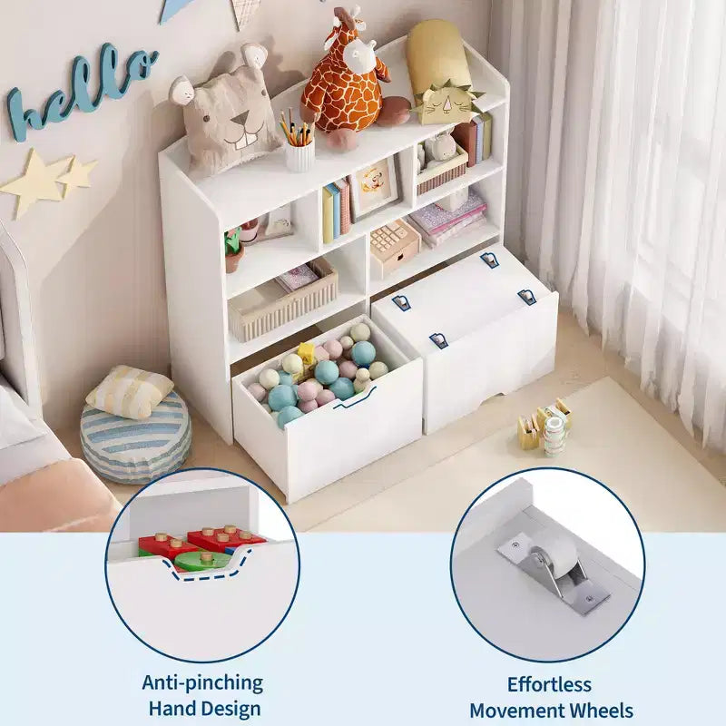 Organisateur de jouets avec 2 tiroirs mobiles, organisateur de jouets avec 5 casiers ouverts, coffre de rangement multifonctionnel pour salle de jeux