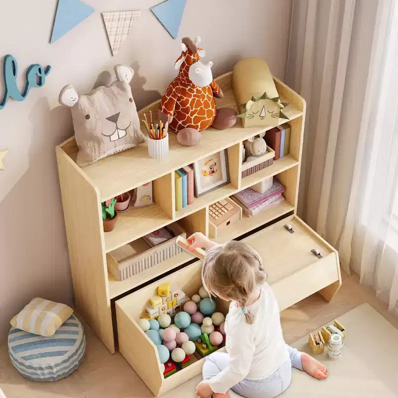Organisateur de jouets avec 2 tiroirs mobiles, organisateur de jouets avec 5 casiers ouverts, coffre de rangement multifonctionnel pour salle de jeux