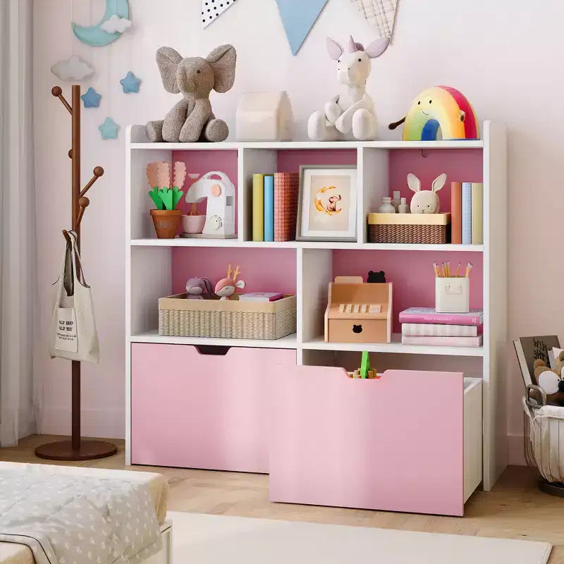 Organisateur de jouets avec 2 tiroirs mobiles, organisateur de jouets avec 5 casiers ouverts, coffre de rangement multifonctionnel pour salle de jeux