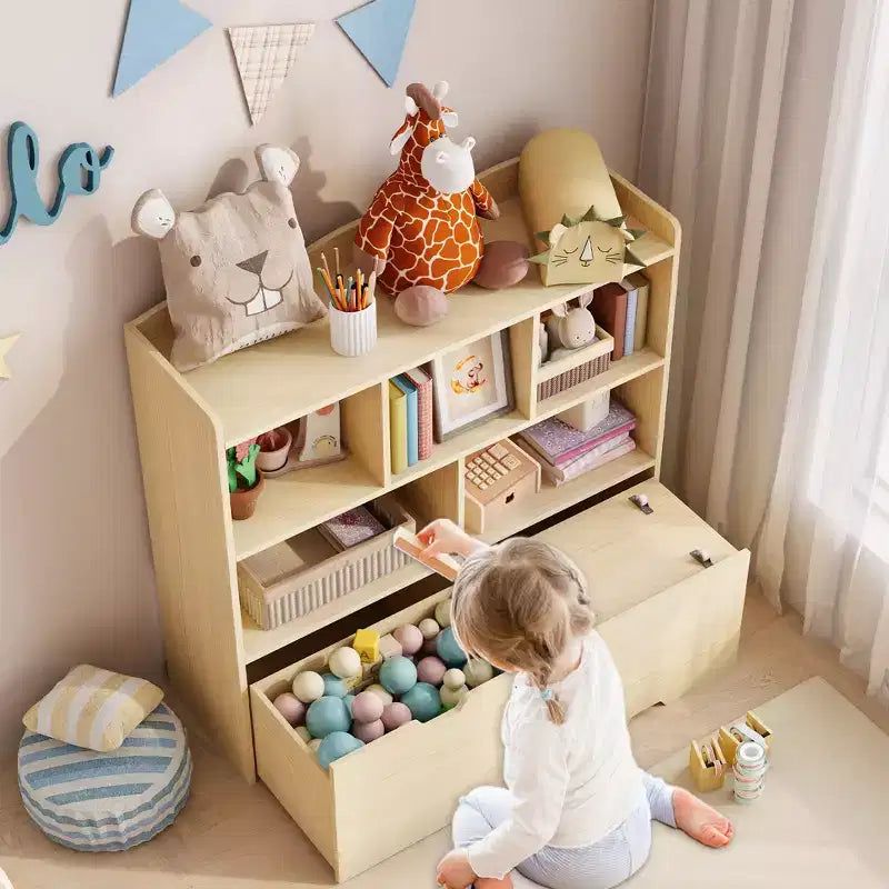 Organisateur de jouets avec 2 tiroirs mobiles, organisateur de jouets avec 5 casiers ouverts, coffre de rangement multifonctionnel pour salle de jeux