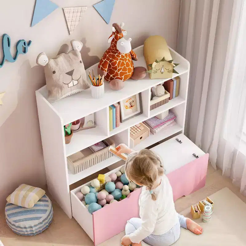 Organisateur de jouets avec 2 tiroirs mobiles, organisateur de jouets avec 5 casiers ouverts, coffre de rangement multifonctionnel pour salle de jeux