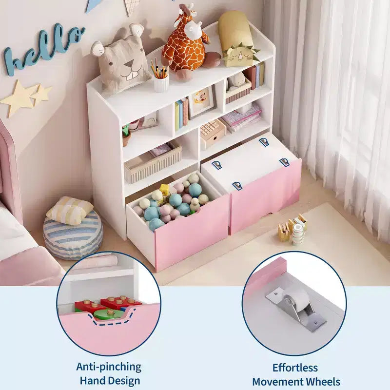 Organisateur de jouets avec 2 tiroirs mobiles, organisateur de jouets avec 5 casiers ouverts, coffre de rangement multifonctionnel pour salle de jeux