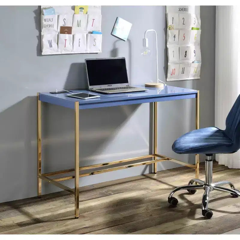 Okak 42.5IN Writing Desk with USB Ports, Standing Desk with Golden Metal Base, Computer Desk for Living Room, Office, Reading Room