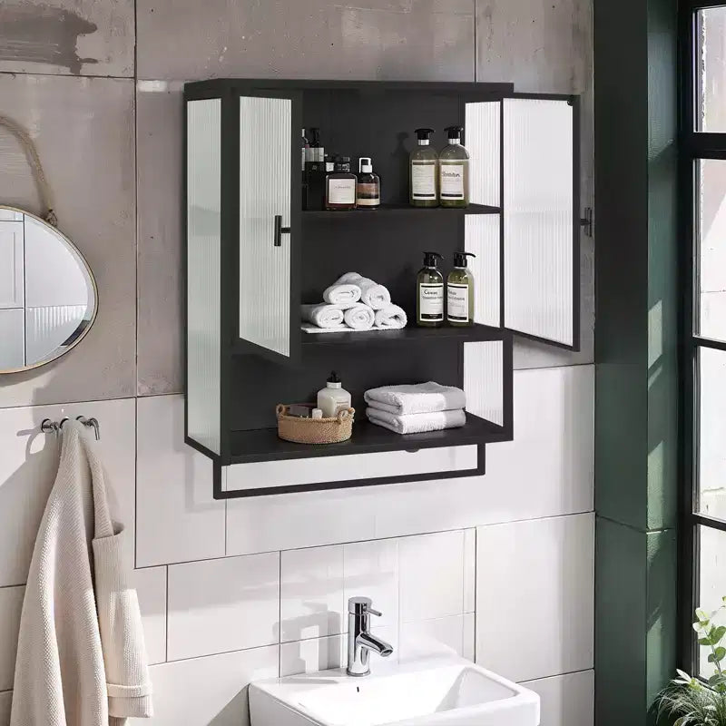 Modern Black Wall Cabinet with Glass Doors, Open Shelf, Towel Rack & 2-Tier Storage for Living Room, Dining Room, or Bathroom