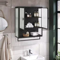 Modern Black Wall Cabinet with Glass Doors, Open Shelf, Towel Rack & 2-Tier Storage for Living Room, Dining Room, or Bathroom