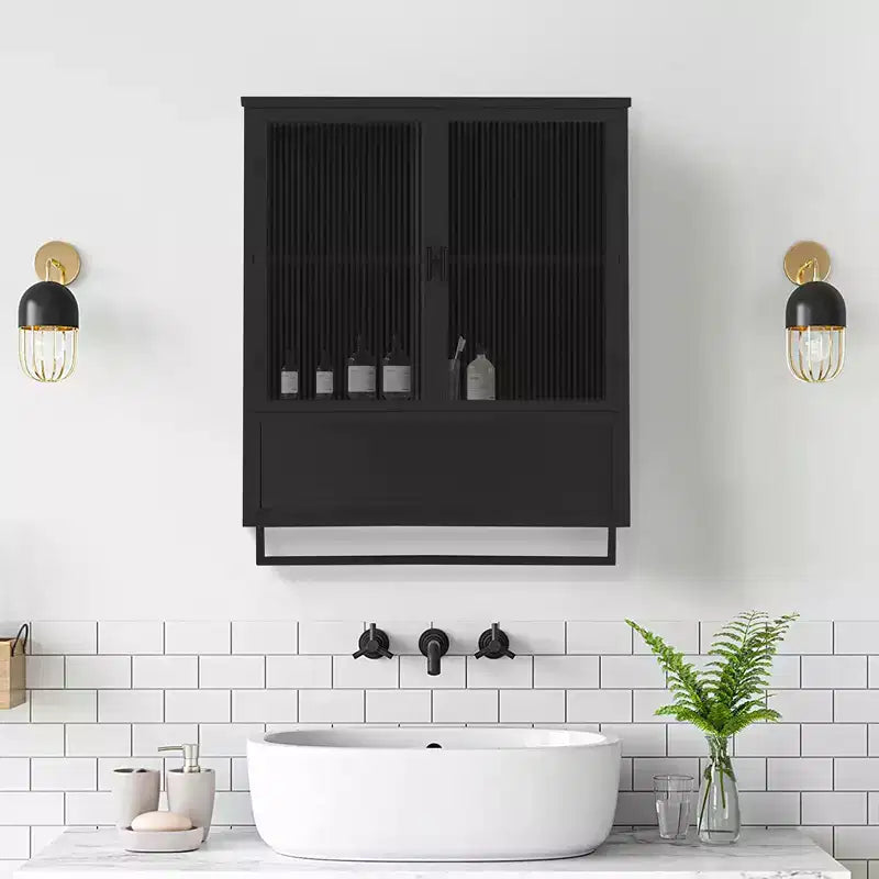 Meuble mural moderne noir avec portes en verre, étagère ouverte, porte-serviettes et rangement à 2 niveaux pour salon, salle à manger ou salle de bain