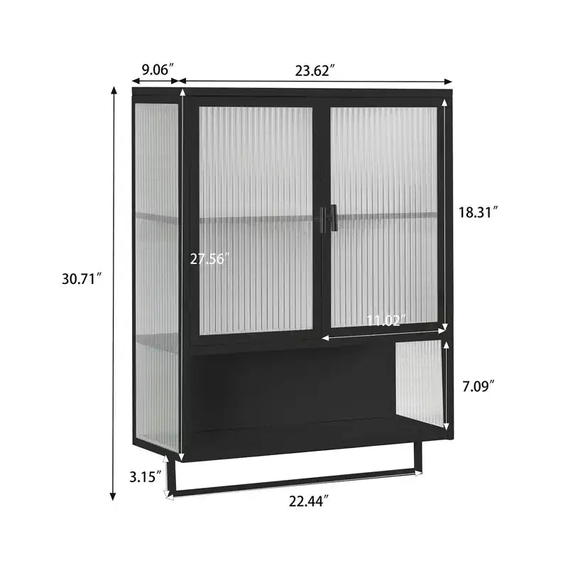 Meuble mural moderne noir avec portes en verre, étagère ouverte, porte-serviettes et rangement à 2 niveaux pour salon, salle à manger ou salle de bain