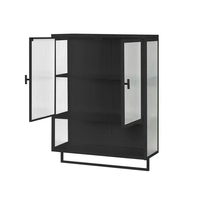 Meuble mural moderne noir avec portes en verre, étagère ouverte, porte-serviettes et rangement à 2 niveaux pour salon, salle à manger ou salle de bain