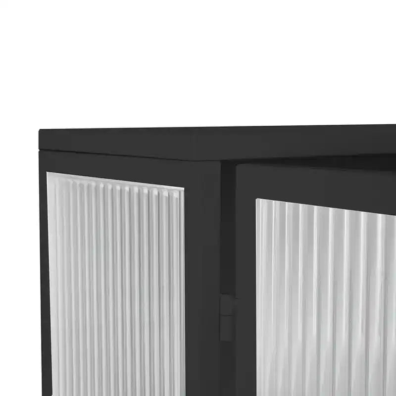 Meuble mural moderne noir avec portes en verre, étagère ouverte, porte-serviettes et rangement à 2 niveaux pour salon, salle à manger ou salle de bain
