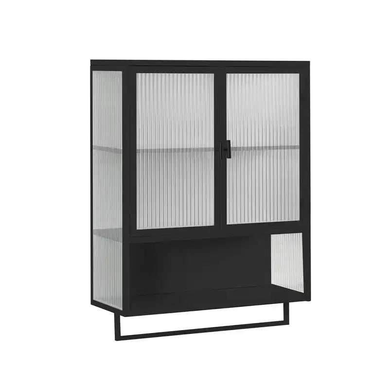 Meuble mural moderne noir avec portes en verre, étagère ouverte, porte-serviettes et rangement à 2 niveaux pour salon, salle à manger ou salle de bain