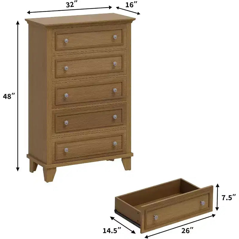 Commode à 5 tiroirs, marron, style vintage, construction robuste, pour maison traditionnelle et ferme