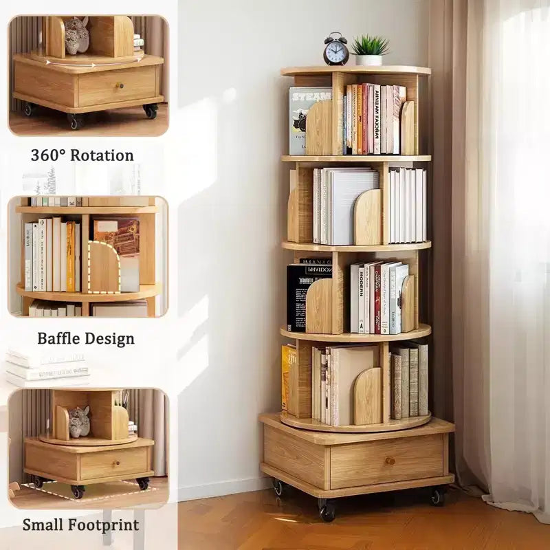 Étagère Tour Pivotante à 360°, Bibliothèque Rotative en Bois, Étagère d'Angle Pivotante, Organisateur de Rangement