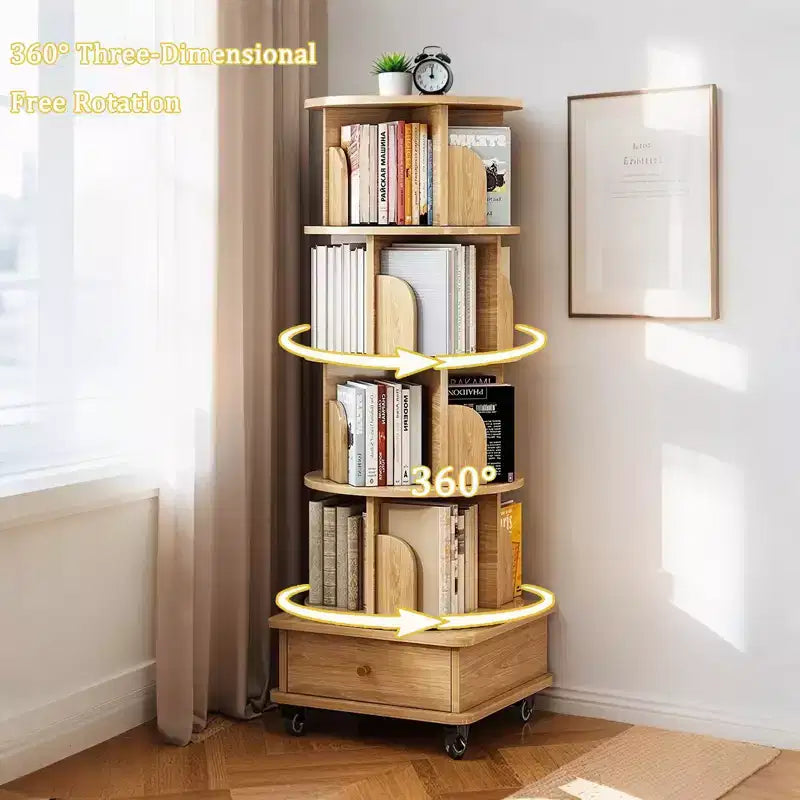Étagère Tour Pivotante à 360°, Bibliothèque Rotative en Bois, Étagère d'Angle Pivotante, Organisateur de Rangement