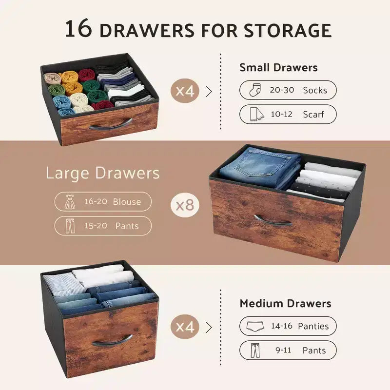 Commode Haute de Rangement à 16 Tiroirs,Dessus en Bois,Robuste Commode en Acier pour Placards et Chambre à Coucher,Tiroirs de 3 Tailles,Capacité de 35 lb