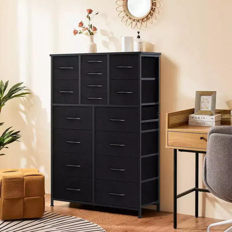 Commode Haute de Rangement à 16 Tiroirs,Dessus en Bois,Robuste Commode en Acier pour Placards et Chambre à Coucher,Tiroirs de 3 Tailles,Capacité de 35 lb