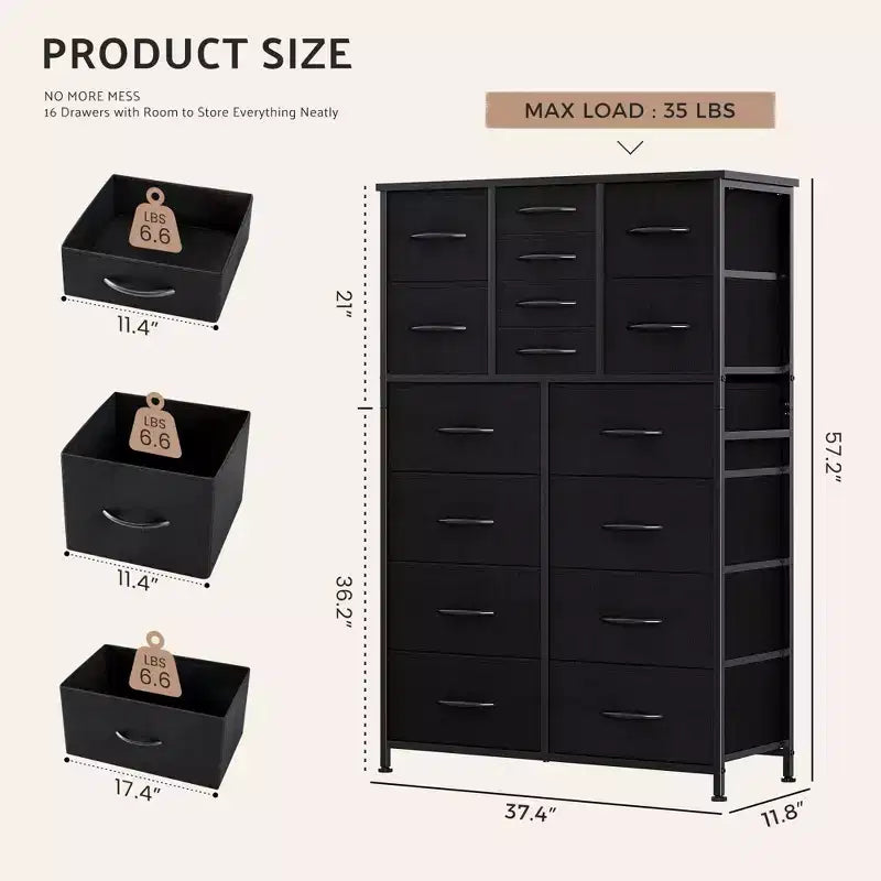 Commode Haute de Rangement à 16 Tiroirs,Dessus en Bois,Robuste Commode en Acier pour Placards et Chambre à Coucher,Tiroirs de 3 Tailles,Capacité de 35 lb