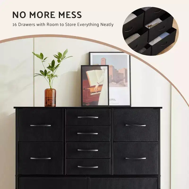 Commode Haute de Rangement à 16 Tiroirs,Dessus en Bois,Robuste Commode en Acier pour Placards et Chambre à Coucher,Tiroirs de 3 Tailles,Capacité de 35 lb