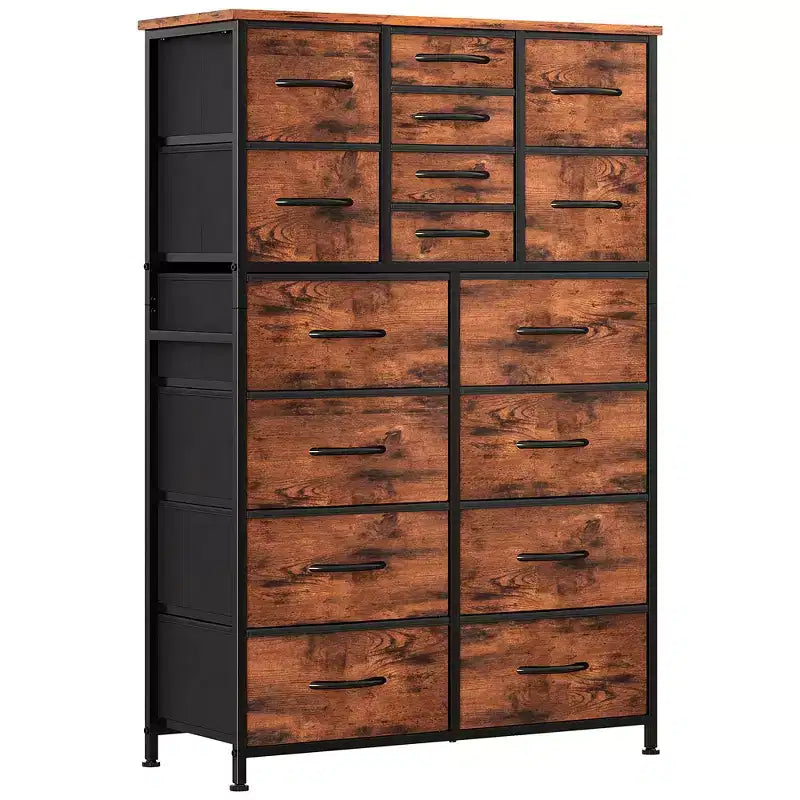 Commode Haute de Rangement à 16 Tiroirs,Dessus en Bois,Robuste Commode en Acier pour Placards et Chambre à Coucher,Tiroirs de 3 Tailles,Capacité de 35 lb