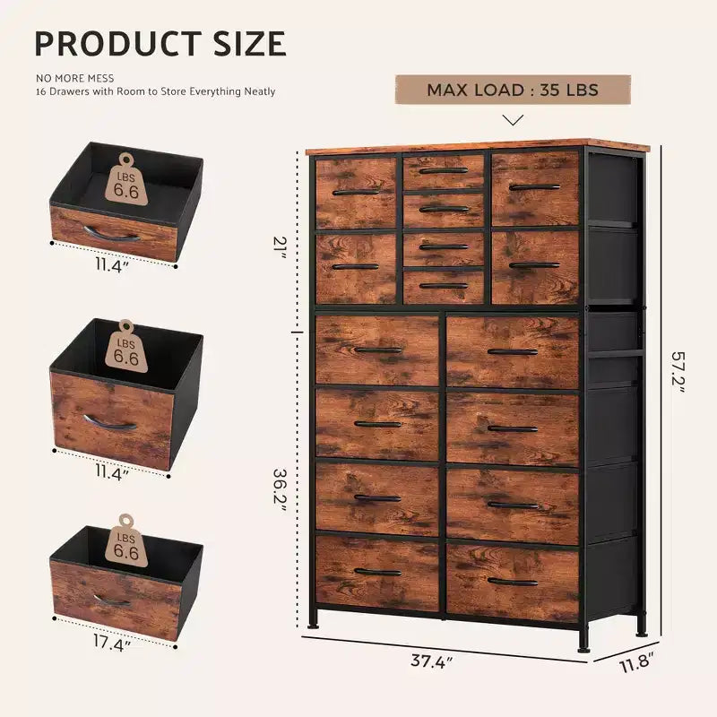 Commode Haute de Rangement à 16 Tiroirs,Dessus en Bois,Robuste Commode en Acier pour Placards et Chambre à Coucher,Tiroirs de 3 Tailles,Capacité de 35 lb