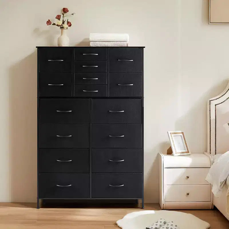 Commode Haute de Rangement à 16 Tiroirs,Dessus en Bois,Robuste Commode en Acier pour Placards et Chambre à Coucher,Tiroirs de 3 Tailles,Capacité de 35 lb