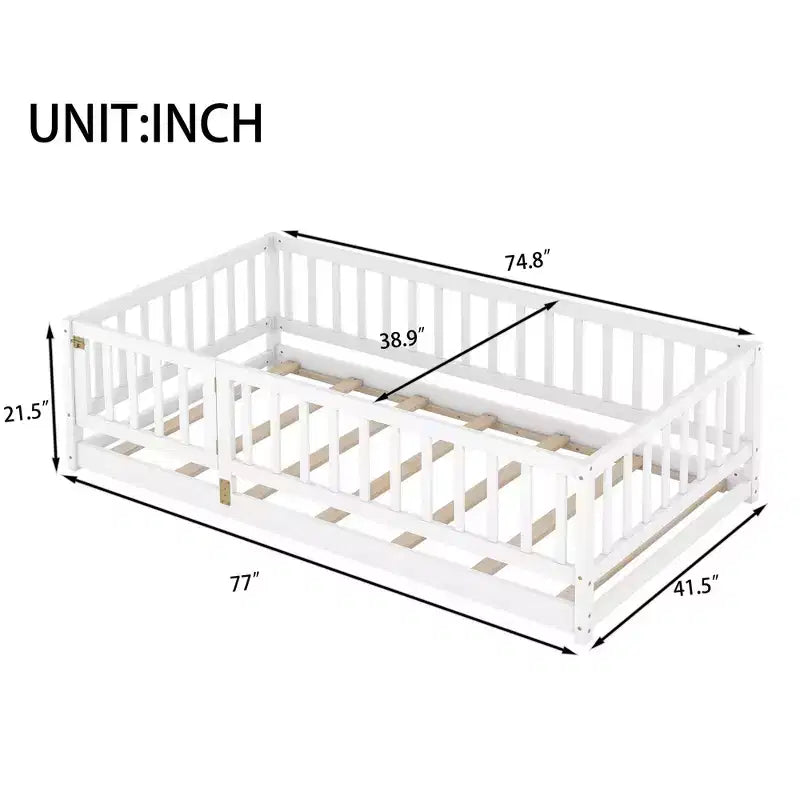 Lit au sol Montessori avec lattes de soutien pour enfants, cadre de lit en bois de pin massif, lit bas avec portes, capacité de 136 kg