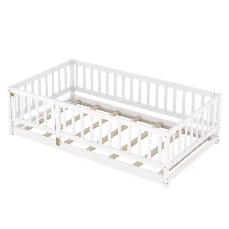 Lit au sol Montessori avec lattes de soutien pour enfants, cadre de lit en bois de pin massif, lit bas avec portes, capacité de 136 kg