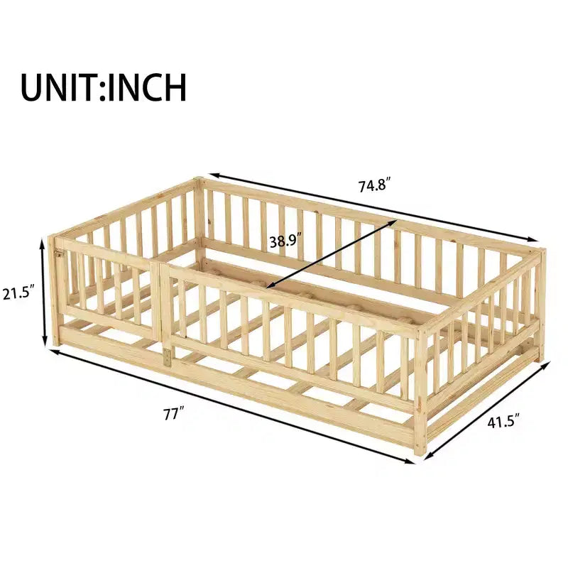 Lit au sol Montessori avec lattes de soutien pour enfants, cadre de lit en bois de pin massif, lit bas avec portes, capacité de 136 kg